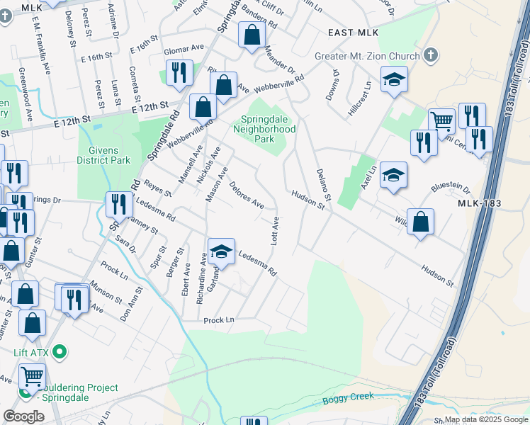 map of restaurants, bars, coffee shops, grocery stores, and more near 5301 Delores Avenue in Austin