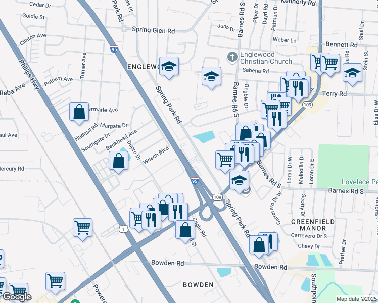 map of restaurants, bars, coffee shops, grocery stores, and more near 4800 Spring Park Road in Jacksonville