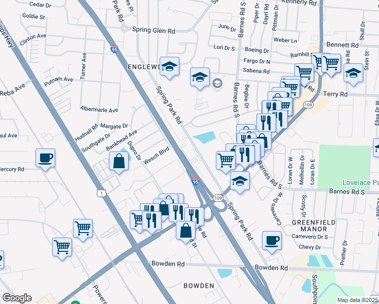 map of restaurants, bars, coffee shops, grocery stores, and more near 4800 Spring Park Road in Jacksonville