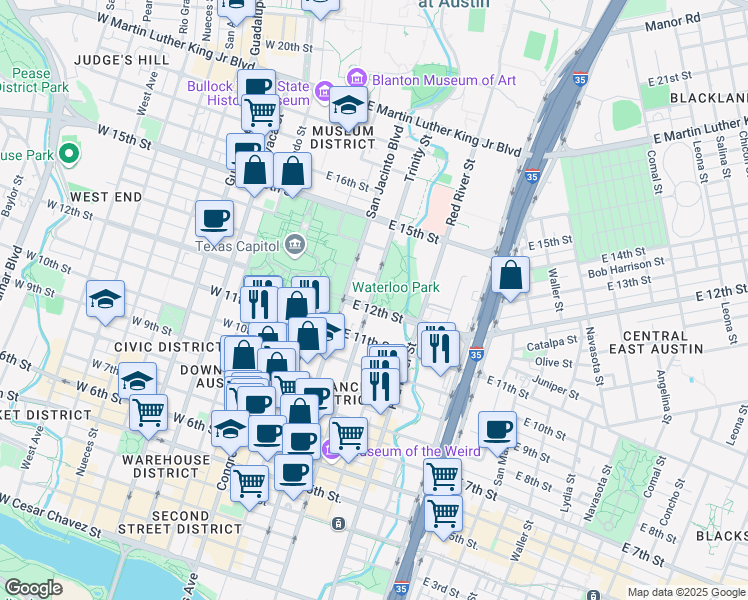 map of restaurants, bars, coffee shops, grocery stores, and more near 1221 Trinity Street in Austin