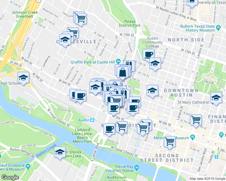 map of restaurants, bars, coffee shops, grocery stores, and more near 701 Baylor Street in Austin