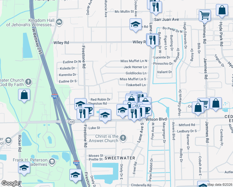 map of restaurants, bars, coffee shops, grocery stores, and more near 2524 Summit View Drive in Jacksonville