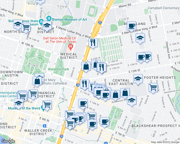 map of restaurants, bars, coffee shops, grocery stores, and more near East 13th Street & Olander Street in Austin