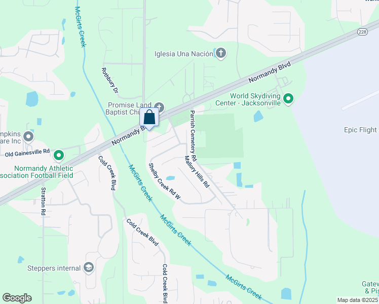 map of restaurants, bars, coffee shops, grocery stores, and more near 2379 Mallory Hills Road in Jacksonville