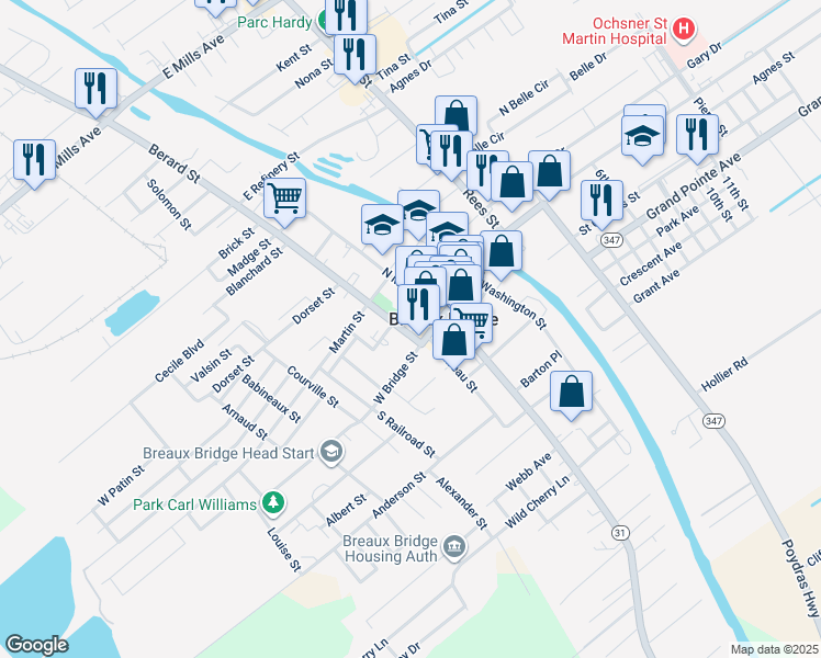 map of restaurants, bars, coffee shops, grocery stores, and more near 100 Berard Street in Breaux Bridge
