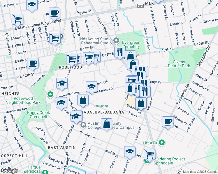 map of restaurants, bars, coffee shops, grocery stores, and more near 2808 Oak Springs Drive in Austin