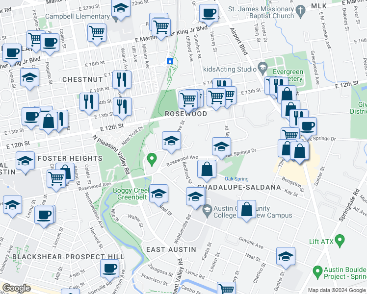 map of restaurants, bars, coffee shops, grocery stores, and more near 1170 Bedford Street in Austin