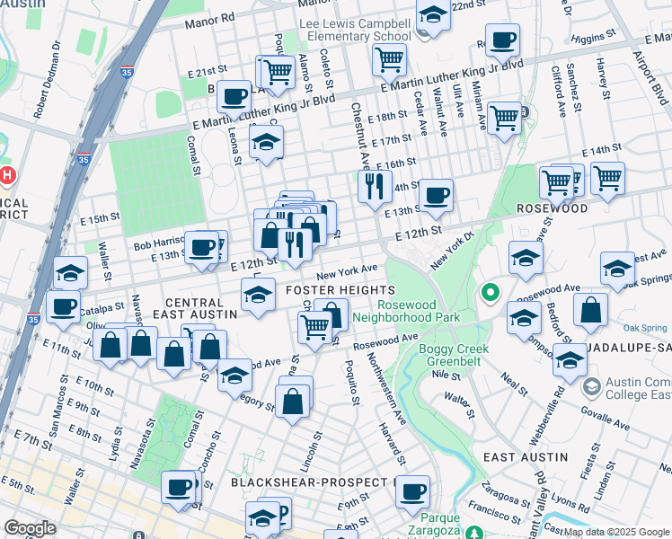 map of restaurants, bars, coffee shops, grocery stores, and more near 2101 New York Avenue in Austin