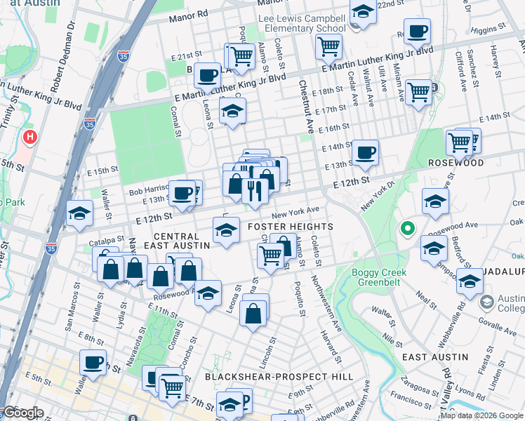 map of restaurants, bars, coffee shops, grocery stores, and more near 1906 New York Avenue in Austin