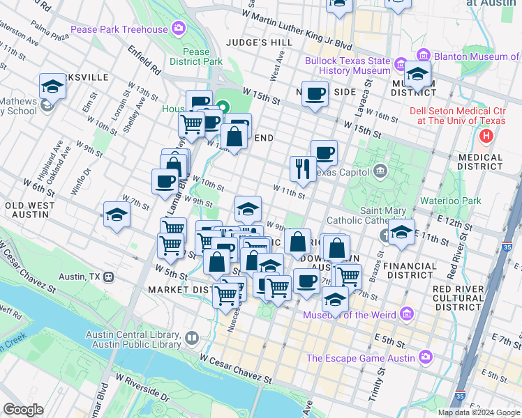 map of restaurants, bars, coffee shops, grocery stores, and more near in Austin