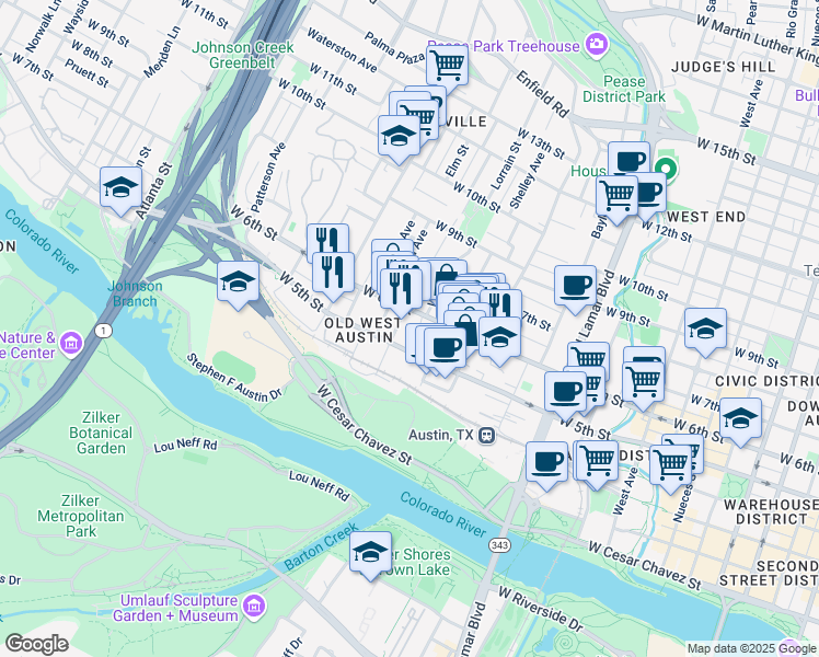 map of restaurants, bars, coffee shops, grocery stores, and more near 1219 West 6th Street in Austin