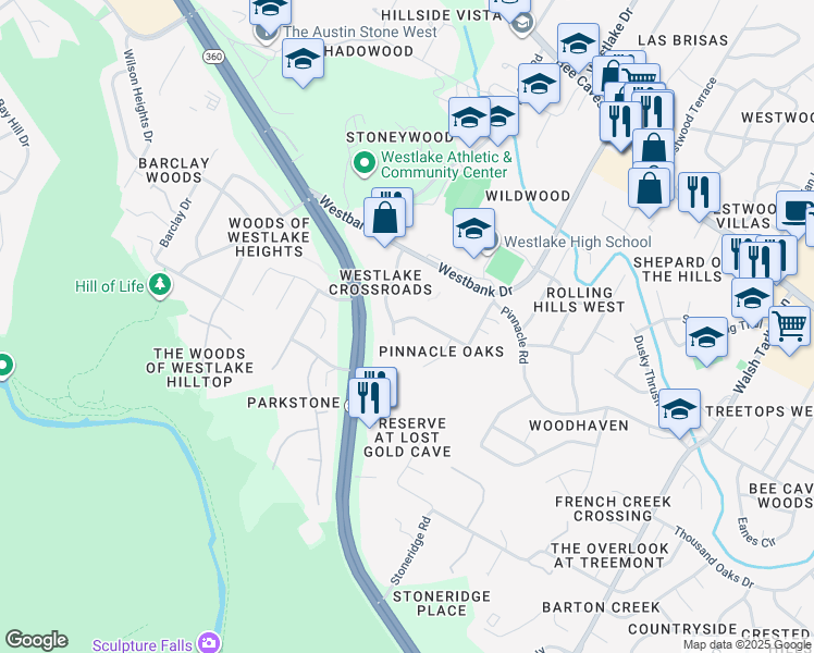 map of restaurants, bars, coffee shops, grocery stores, and more near 1433 Allen Road in Austin