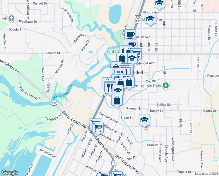map of restaurants, bars, coffee shops, grocery stores, and more near 2256 Front Street in Slidell