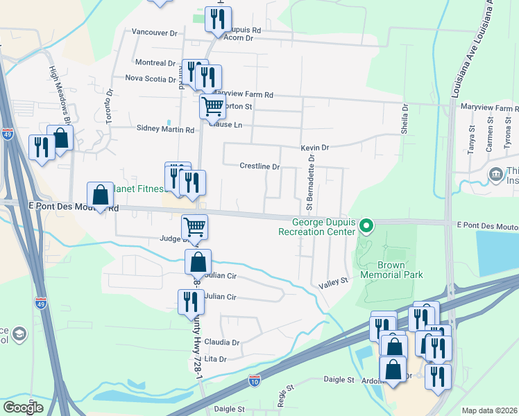 map of restaurants, bars, coffee shops, grocery stores, and more near 101 Ridgeview Drive in Lafayette