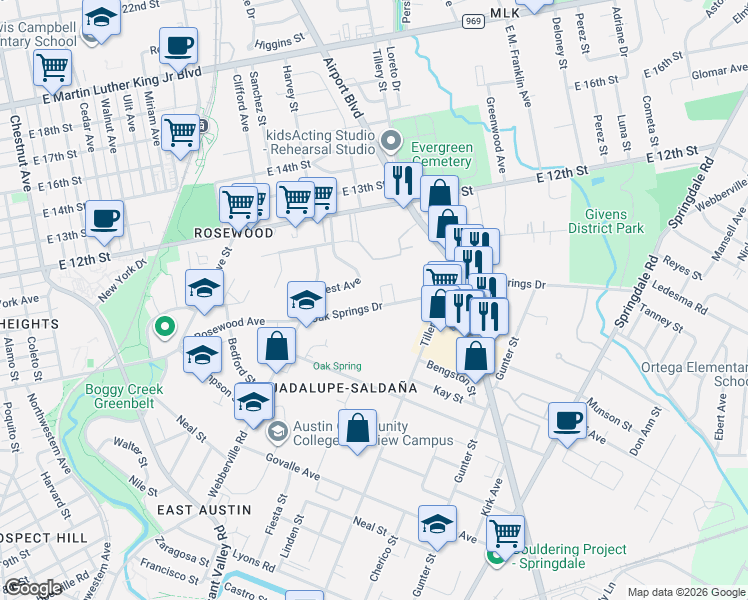map of restaurants, bars, coffee shops, grocery stores, and more near 2816 Oak Springs Drive in Austin