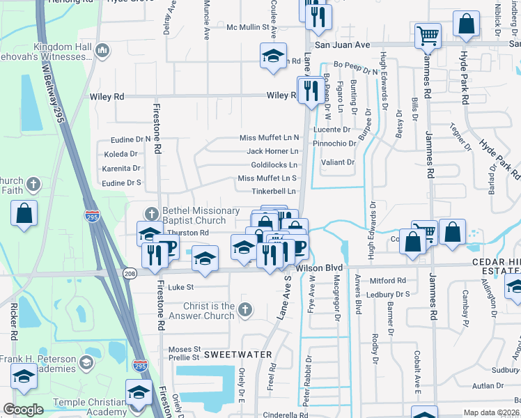 map of restaurants, bars, coffee shops, grocery stores, and more near 6813 Misty View Drive in Jacksonville