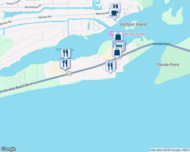 map of restaurants, bars, coffee shops, grocery stores, and more near 27008 Perdido Beach Boulevard in Orange Beach