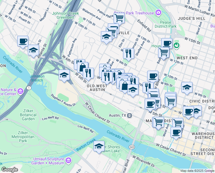 map of restaurants, bars, coffee shops, grocery stores, and more near 507 Pressler Street in Austin