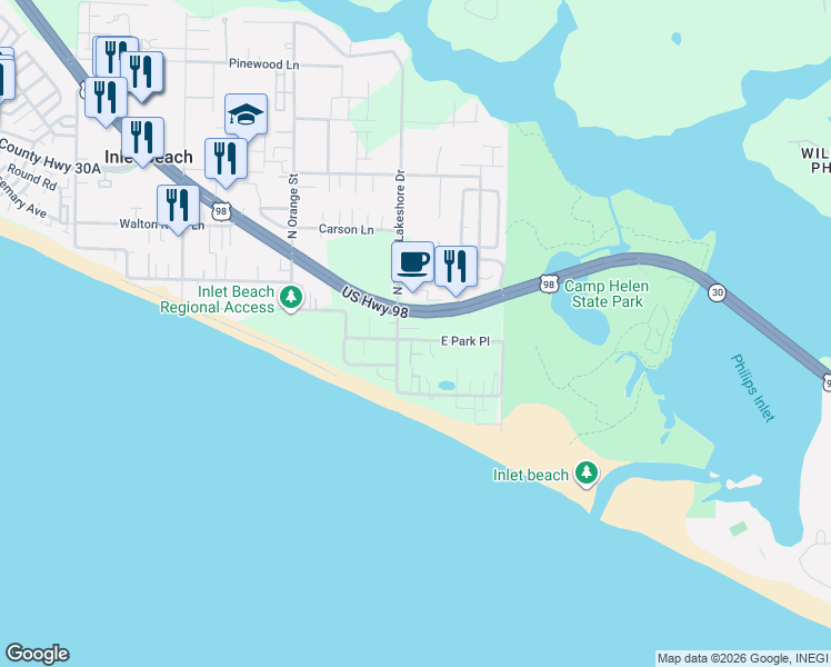 map of restaurants, bars, coffee shops, grocery stores, and more near 113 Park Place in Panama City Beach