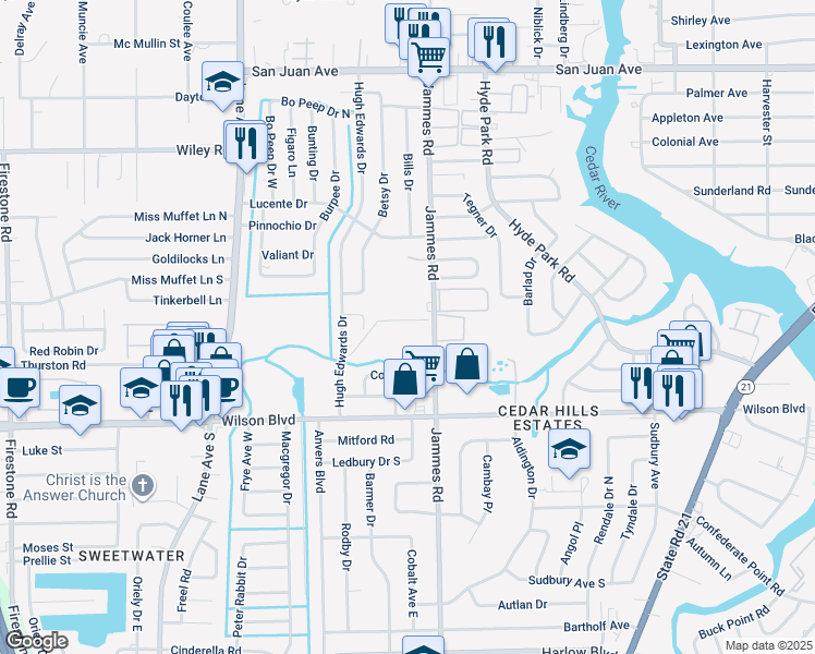 map of restaurants, bars, coffee shops, grocery stores, and more near 2506 Jammes Road in Jacksonville
