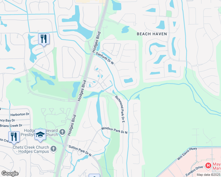 map of restaurants, bars, coffee shops, grocery stores, and more near 13727 Richmond Park Drive North in Jacksonville