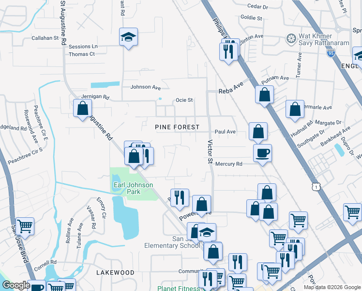 map of restaurants, bars, coffee shops, grocery stores, and more near 2554 South Tabernacle Place in Jacksonville