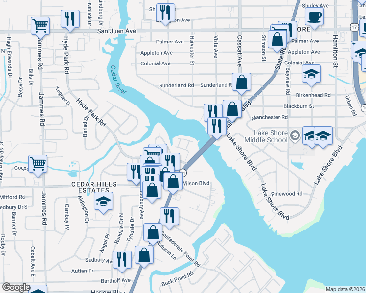 map of restaurants, bars, coffee shops, grocery stores, and more near 3434 Blanding Boulevard in Jacksonville