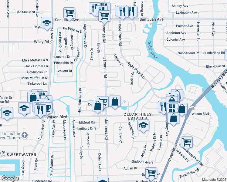 map of restaurants, bars, coffee shops, grocery stores, and more near 2501 Jammes Road in Jacksonville