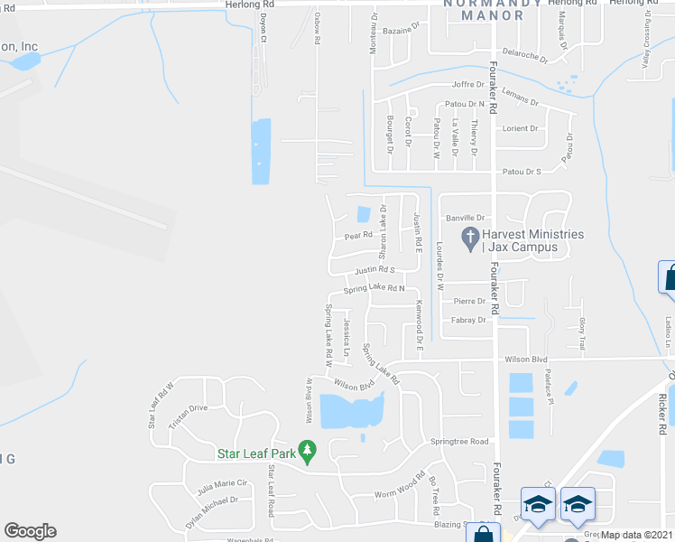 map of restaurants, bars, coffee shops, grocery stores, and more near 8348 Justin Road South in Jacksonville