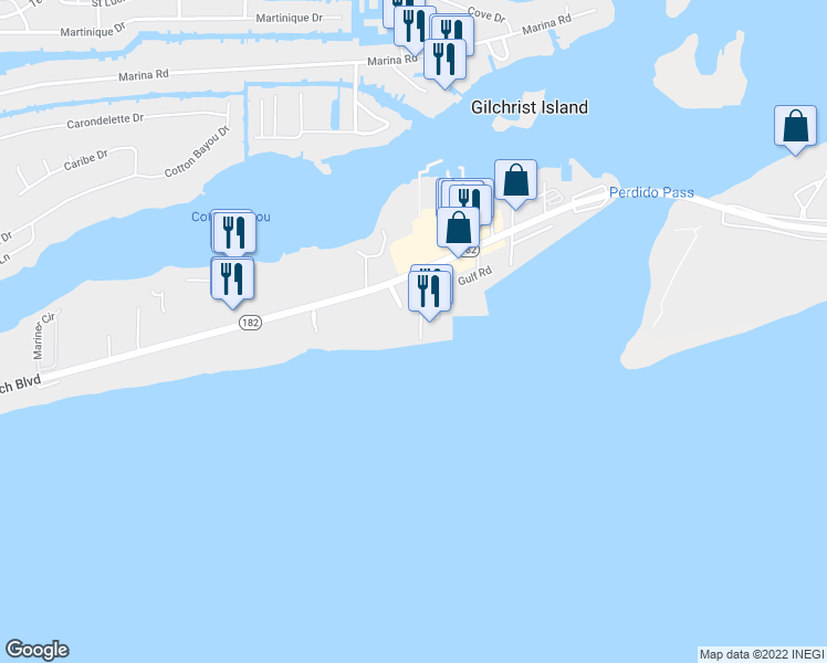 map of restaurants, bars, coffee shops, grocery stores, and more near 27120 Perdido Beach Boulevard in Orange Beach