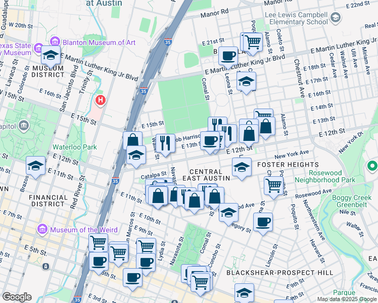map of restaurants, bars, coffee shops, grocery stores, and more near 1300 East 12th Street in Austin