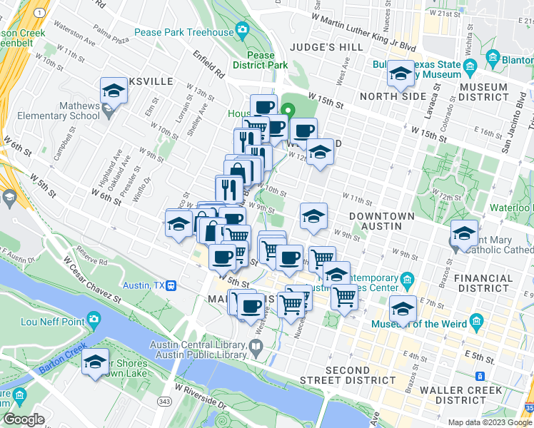 map of restaurants, bars, coffee shops, grocery stores, and more near 709 Henderson Street in Austin