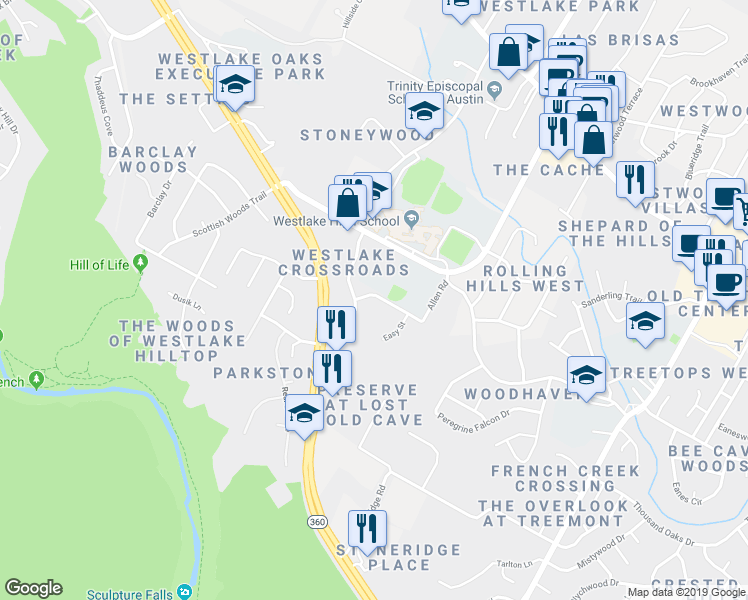 map of restaurants, bars, coffee shops, grocery stores, and more near 1433 Allen Road in Austin
