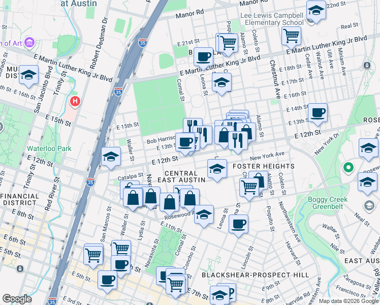 map of restaurants, bars, coffee shops, grocery stores, and more near 1501 East 12th Street in Austin