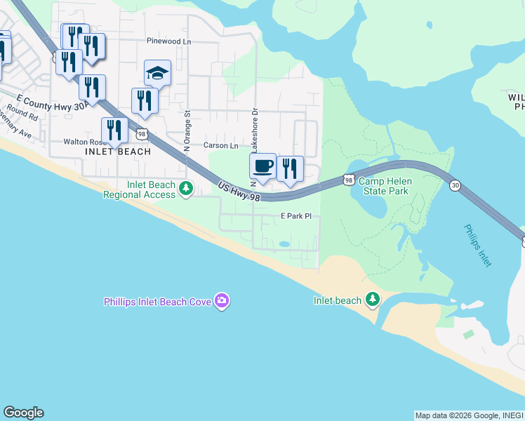 map of restaurants, bars, coffee shops, grocery stores, and more near 3 East Park Place Avenue in Panama City Beach