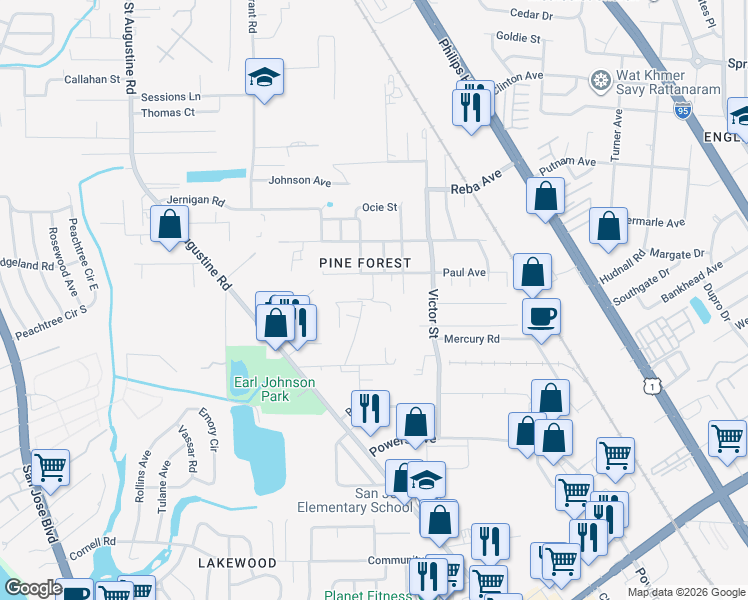 map of restaurants, bars, coffee shops, grocery stores, and more near 2554 South Tabernacle Place in Jacksonville