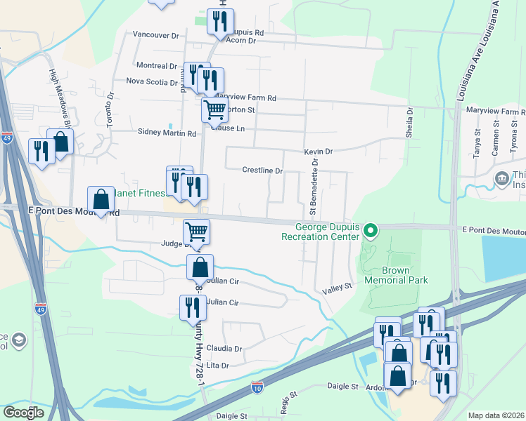 map of restaurants, bars, coffee shops, grocery stores, and more near 101 Ridgeview Drive in Lafayette