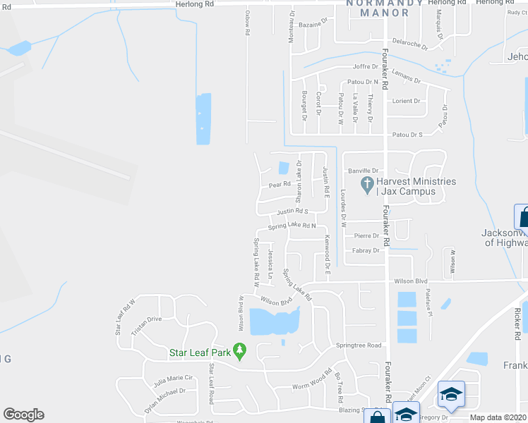 map of restaurants, bars, coffee shops, grocery stores, and more near 8348 Justin Road South in Jacksonville