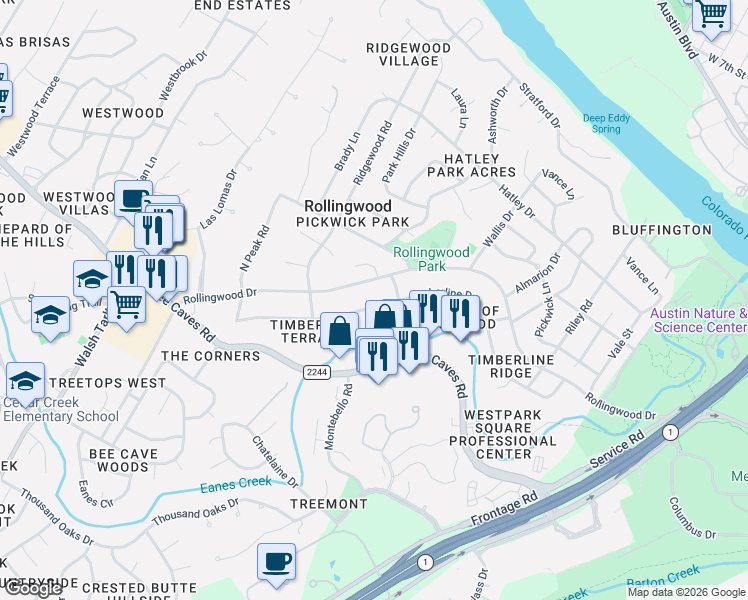 map of restaurants, bars, coffee shops, grocery stores, and more near 4905 Timberline Drive in Austin