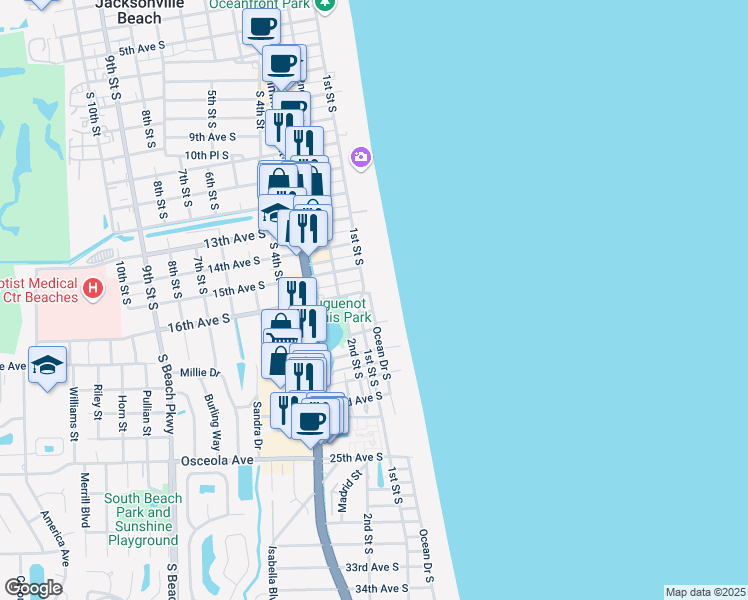 map of restaurants, bars, coffee shops, grocery stores, and more near 1601 Ocean Drive South in Jacksonville Beach