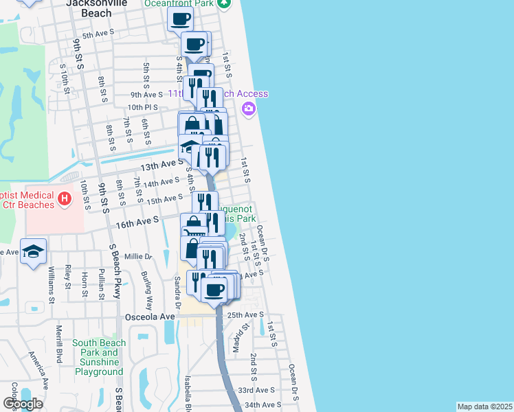 map of restaurants, bars, coffee shops, grocery stores, and more near 1601 Ocean Drive South in Jacksonville Beach