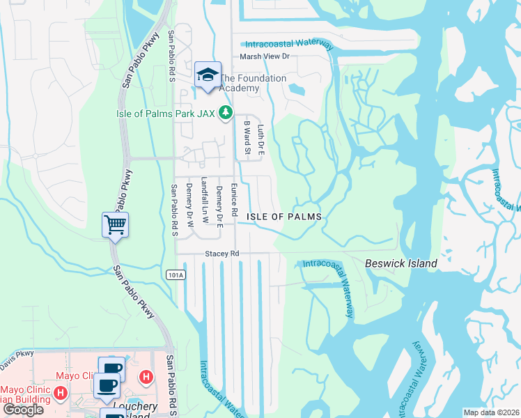 map of restaurants, bars, coffee shops, grocery stores, and more near 3990 South Petite Drive in Jacksonville