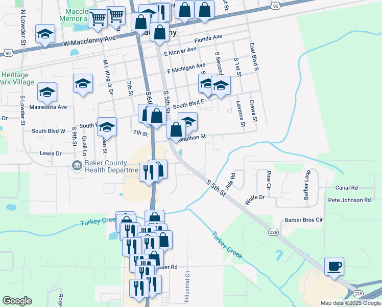 map of restaurants, bars, coffee shops, grocery stores, and more near 755 S 5th St in Macclenny