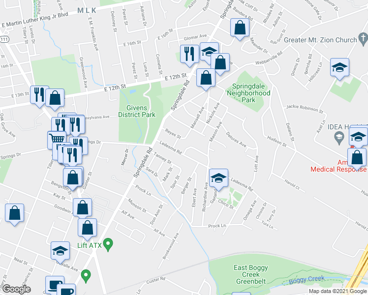 map of restaurants, bars, coffee shops, grocery stores, and more near 4900 Ledesma Road in Austin