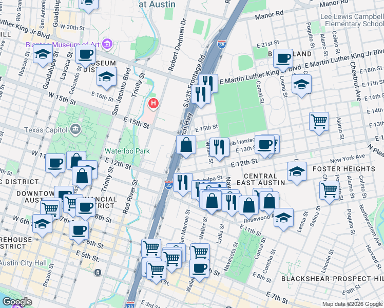 map of restaurants, bars, coffee shops, grocery stores, and more near 813 1/2 East 13th Street in Austin