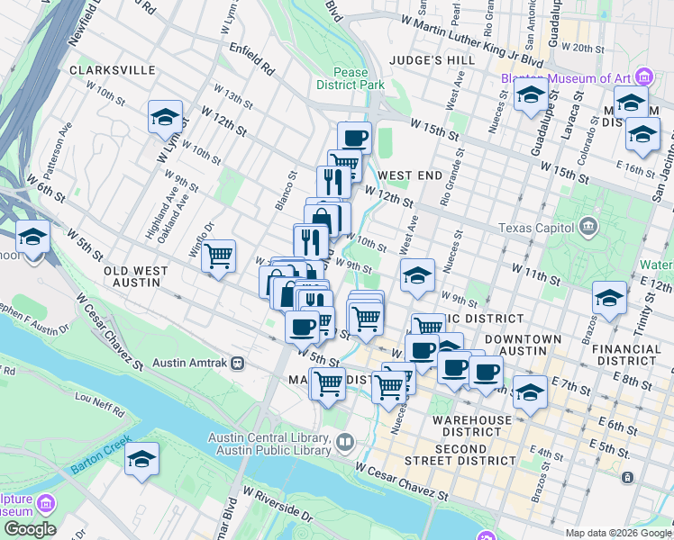 map of restaurants, bars, coffee shops, grocery stores, and more near 709 Henderson Street in Austin