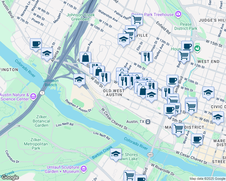 map of restaurants, bars, coffee shops, grocery stores, and more near 1504 West 5th Street in Austin