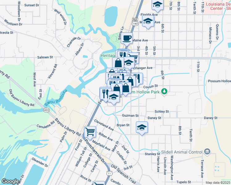 map of restaurants, bars, coffee shops, grocery stores, and more near 2247 Carey Street in Slidell
