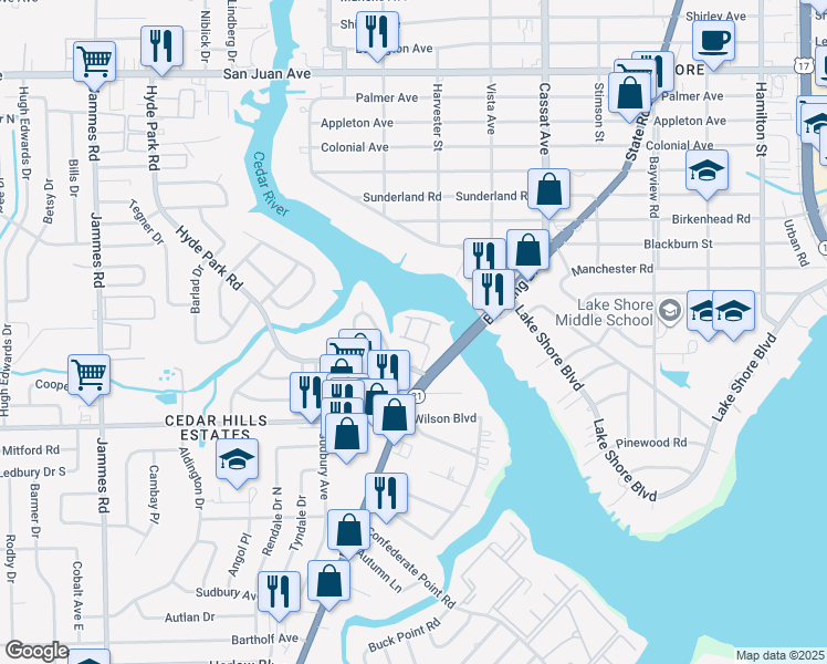 map of restaurants, bars, coffee shops, grocery stores, and more near 3434 Blanding Boulevard in Jacksonville