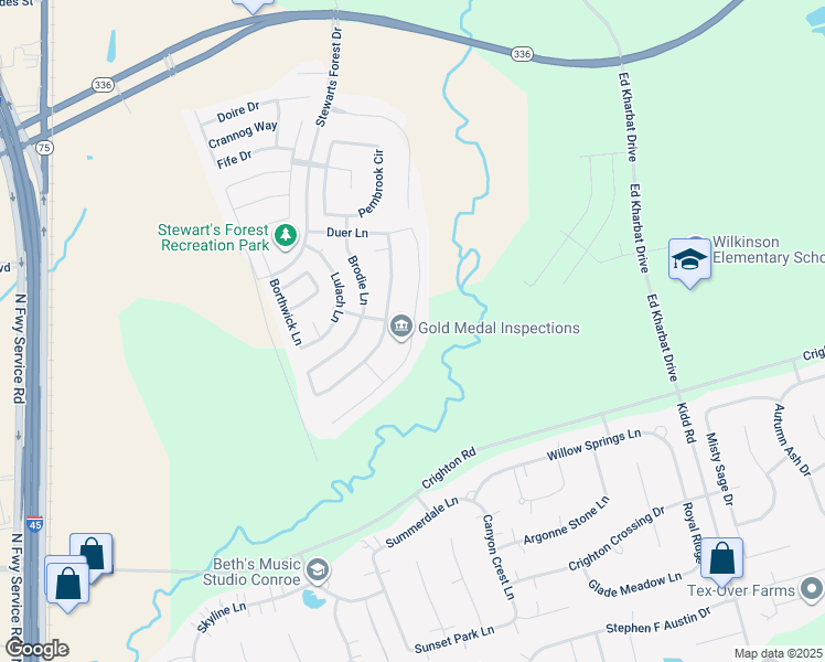 map of restaurants, bars, coffee shops, grocery stores, and more near Brookmont Drive in Conroe